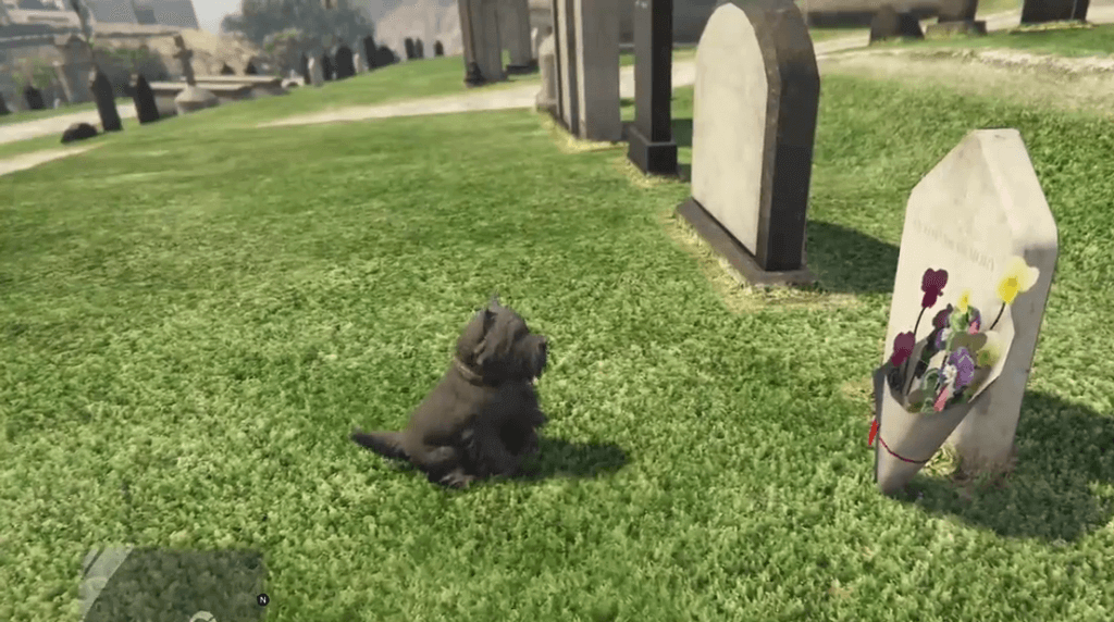 Le chien Bobby devant la tombe de son ami (propriétaire) dans le jeu GTA V