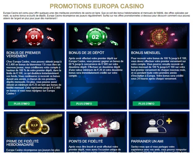Offres de bonus sur Europa Casino